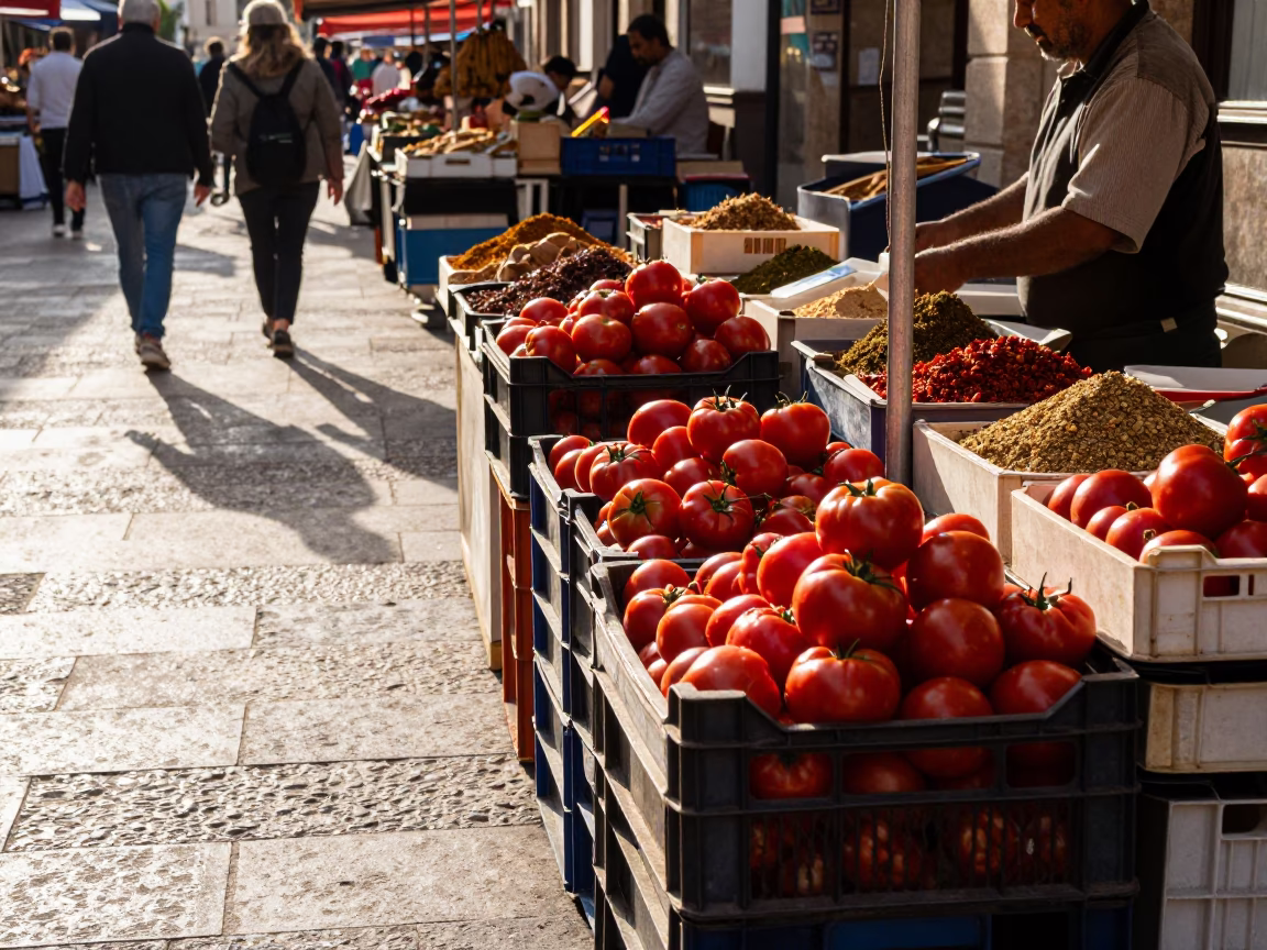 Late Afternoon Valencia Market Scene with Tomatoes and Spice Jars in in Valencia, Spain