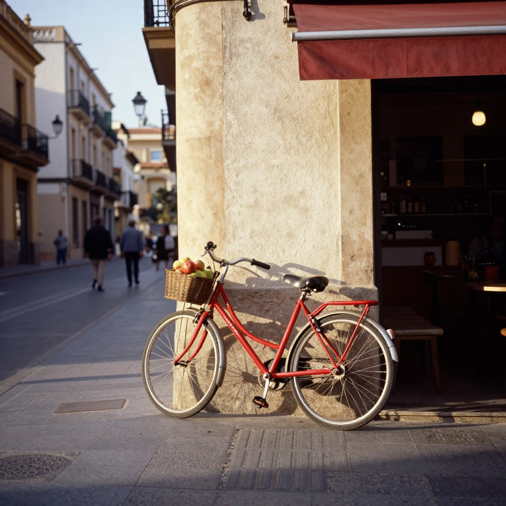 Late Afternoon Valencia Street Scene with Bicycle and Apples in Spanish Plaza in in Valencia, Spain