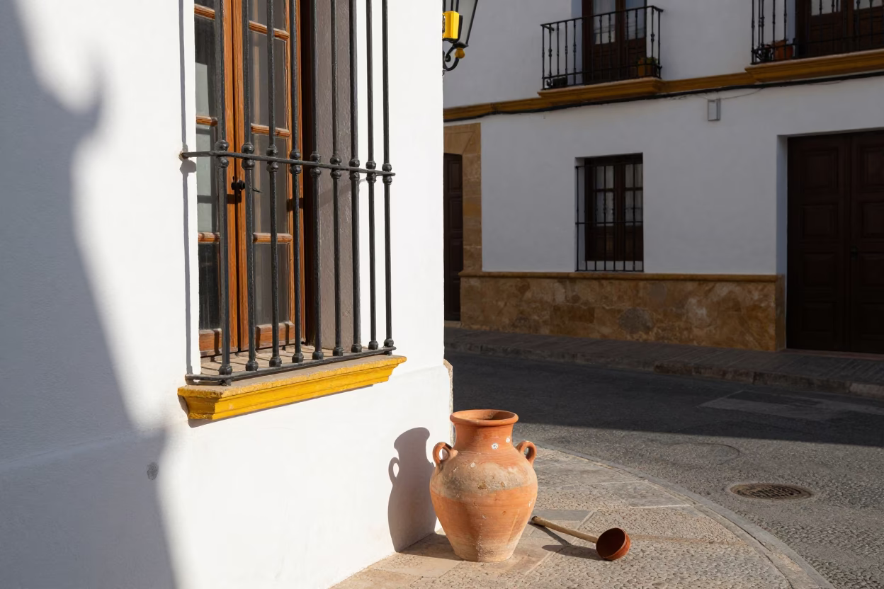 Late Afternoon Valencia Street Scene with Ladle and Clay Pot on Balcony in in Valencia, Spain