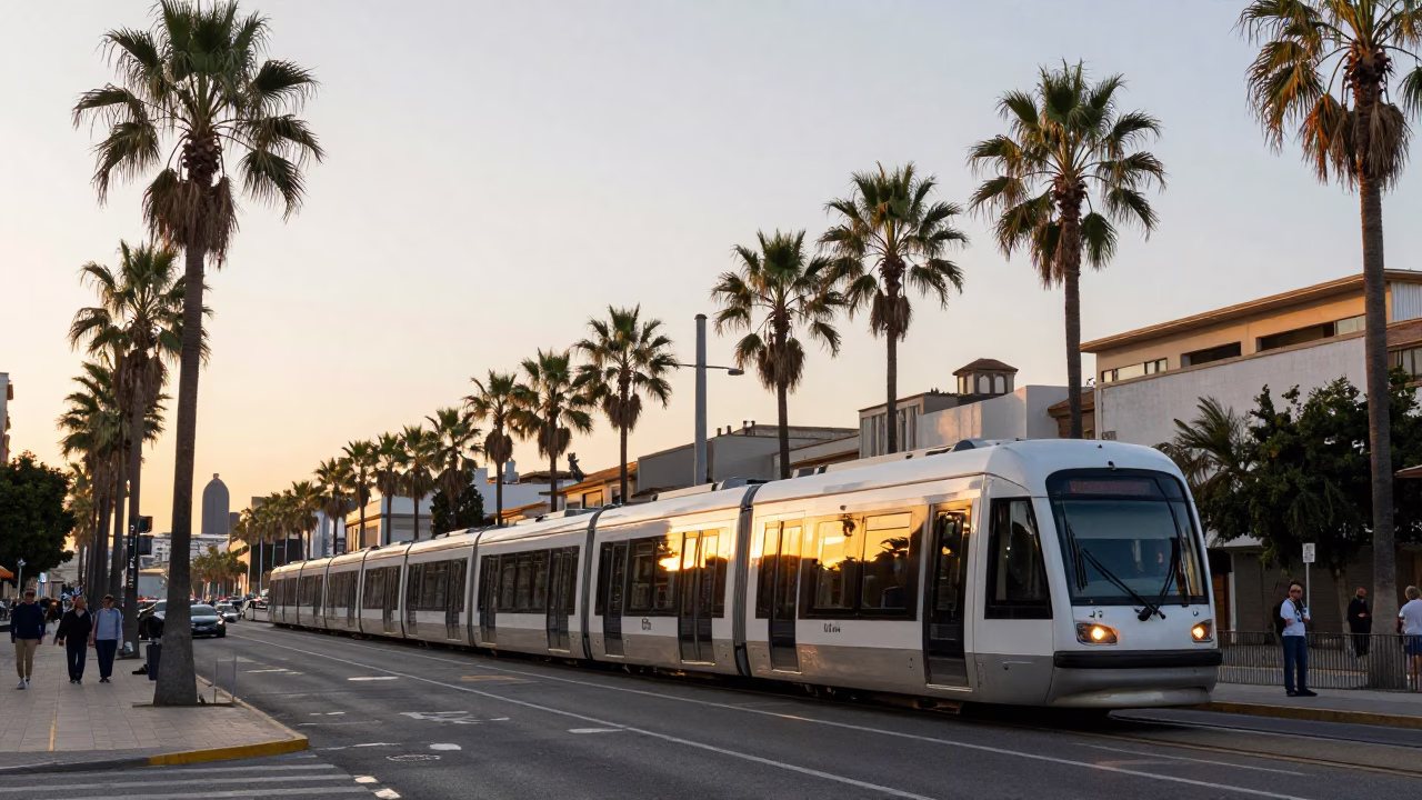 Late Afternoon Valencia Street Scene with Monorail and Palm Trees in in Valencia, Spain