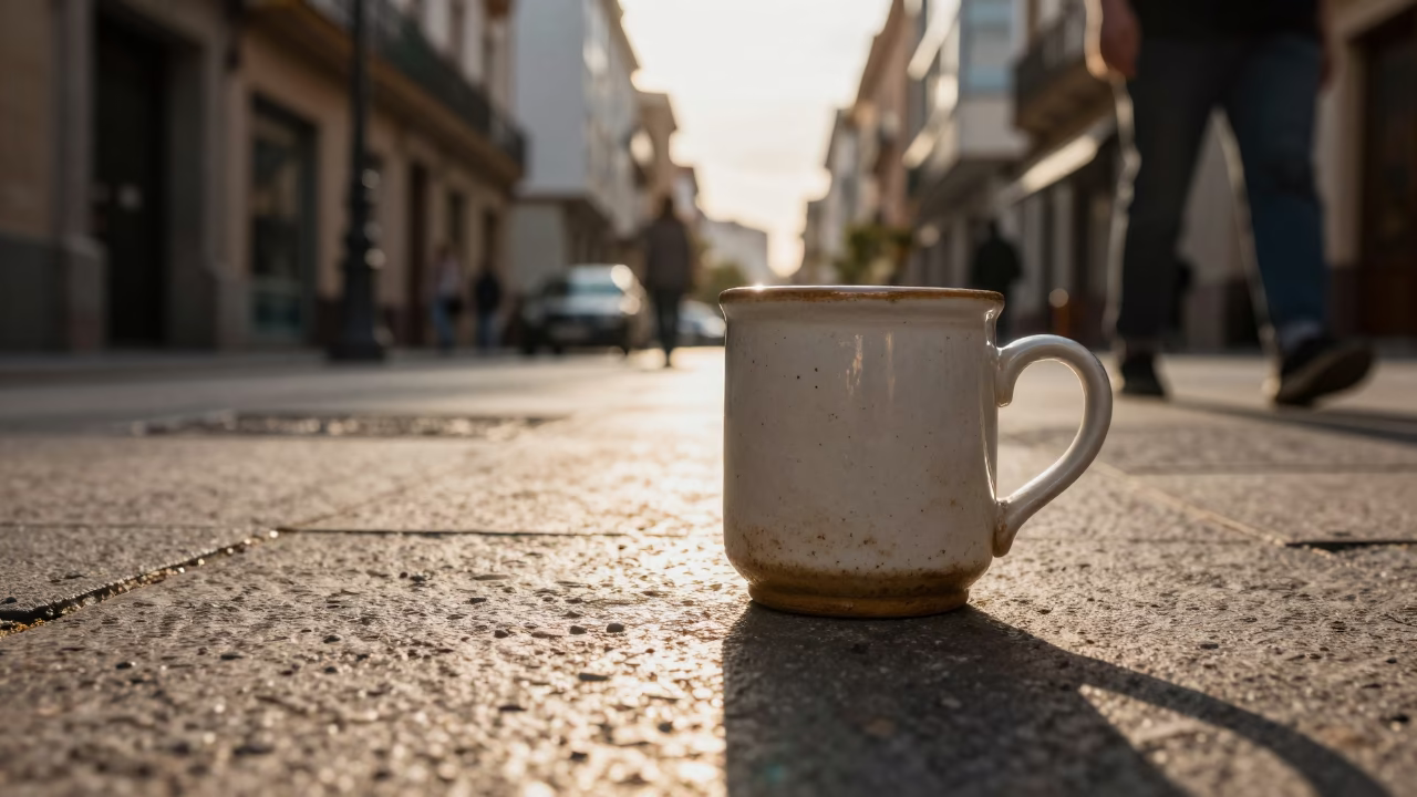 Late Afternoon Valencia Street Scene with Mug and Sunlight on Tile in in Valencia, Spain