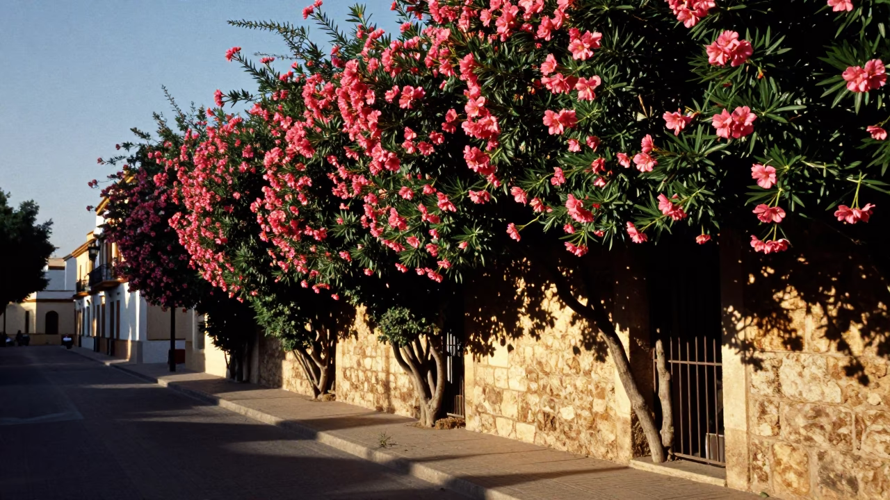 Late Afternoon Valencia Street Scene with Oleander Hedge and Vintage Majolica Plate in in Valencia, Spain