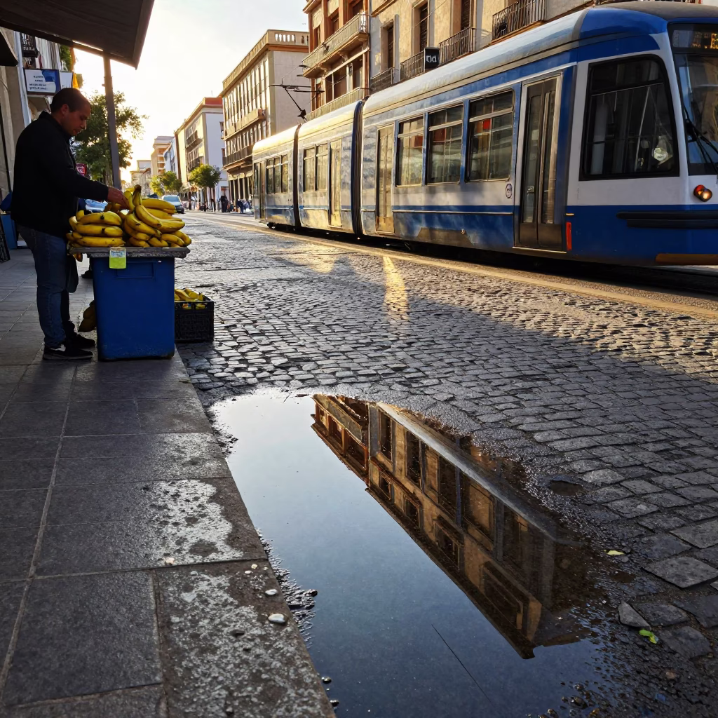 Late Afternoon Valencia Street Scene with Tram Reflection and Local Market Bananas in in Valencia, Spain