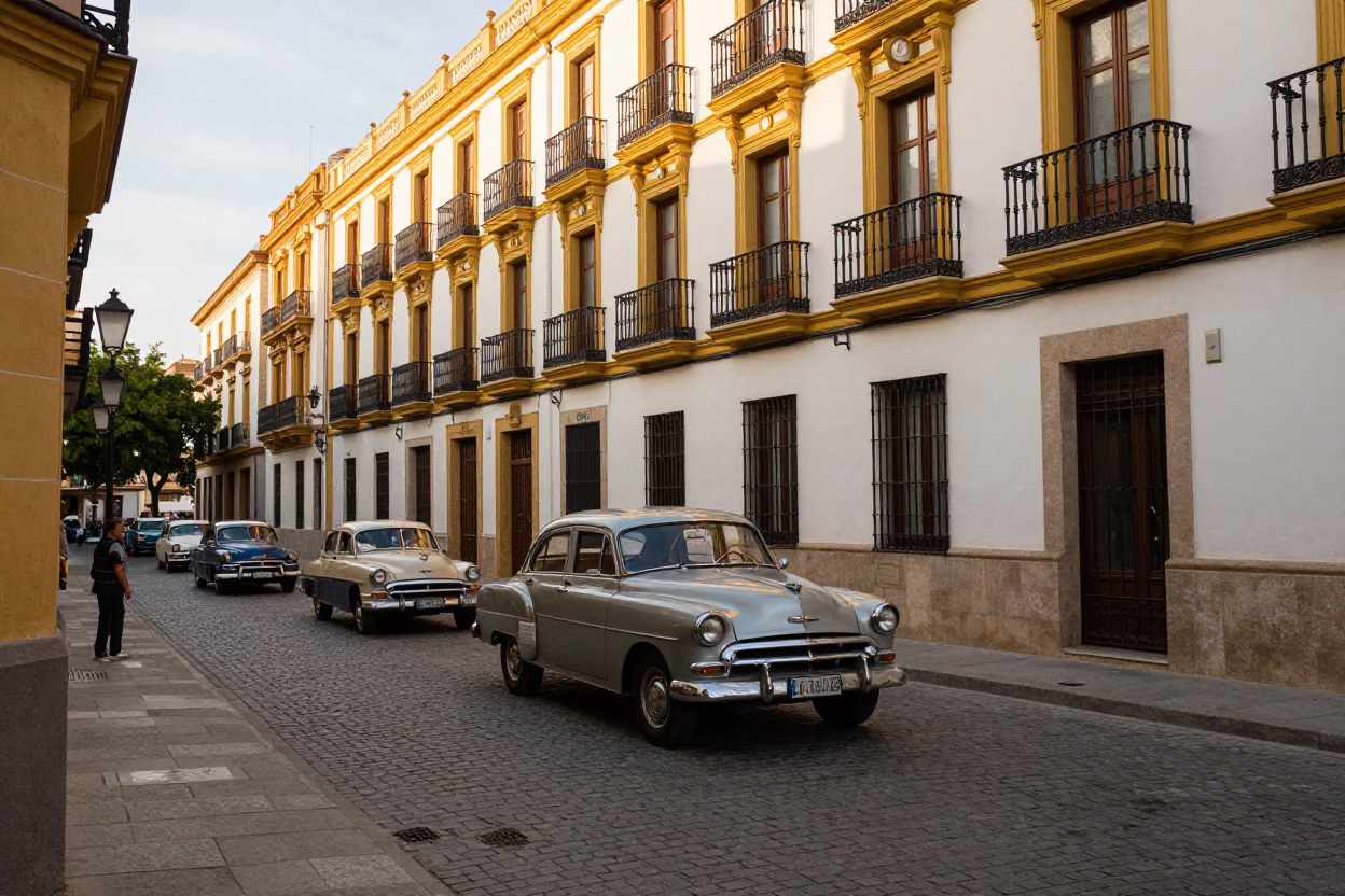 Late Afternoon Valencia Street Scene with Vintage Car Rally and Paper Lanterns in in Valencia, Spain