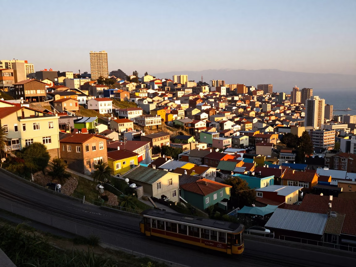 Late Afternoon Valparaiso Chile Panoramic Landscape with Historic Tram and Coastal Horizon in in Valparaiso, Chile