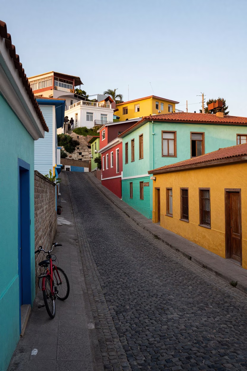Late Afternoon Valparaiso Street Scene with Colorful Houses and Bicycle in in Valparaiso, Chile