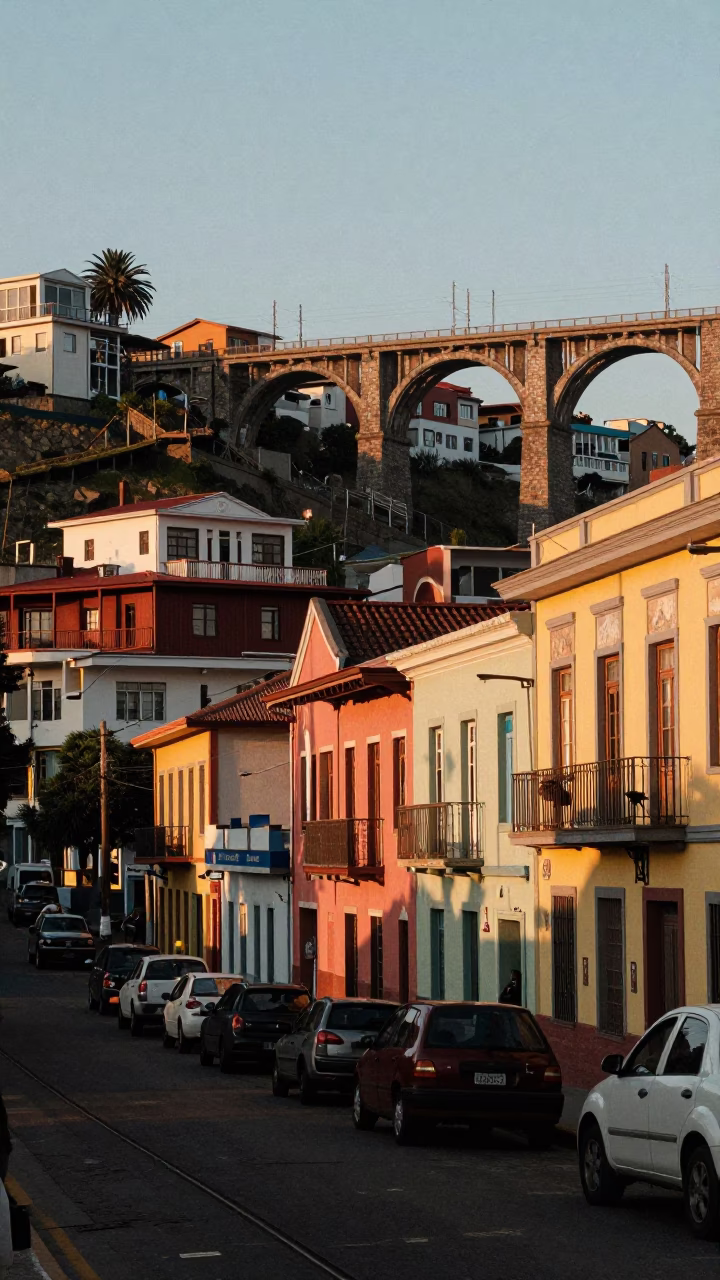 Late Afternoon Valparaiso Street Scene with Railway Viaduct and Passing Train in Chile in in Valparaiso, Chile
