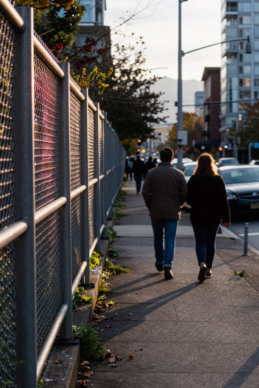 Late Afternoon Vancouver Street Scene with Substation Fence and Drinking Vessel in in Vancouver, British Columbia, Canada