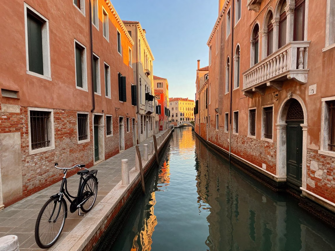 Late Afternoon Venetian Canal Scene with Vintage Bicycle and Coiled Rope on Stone Bridge in in Venice, Italy