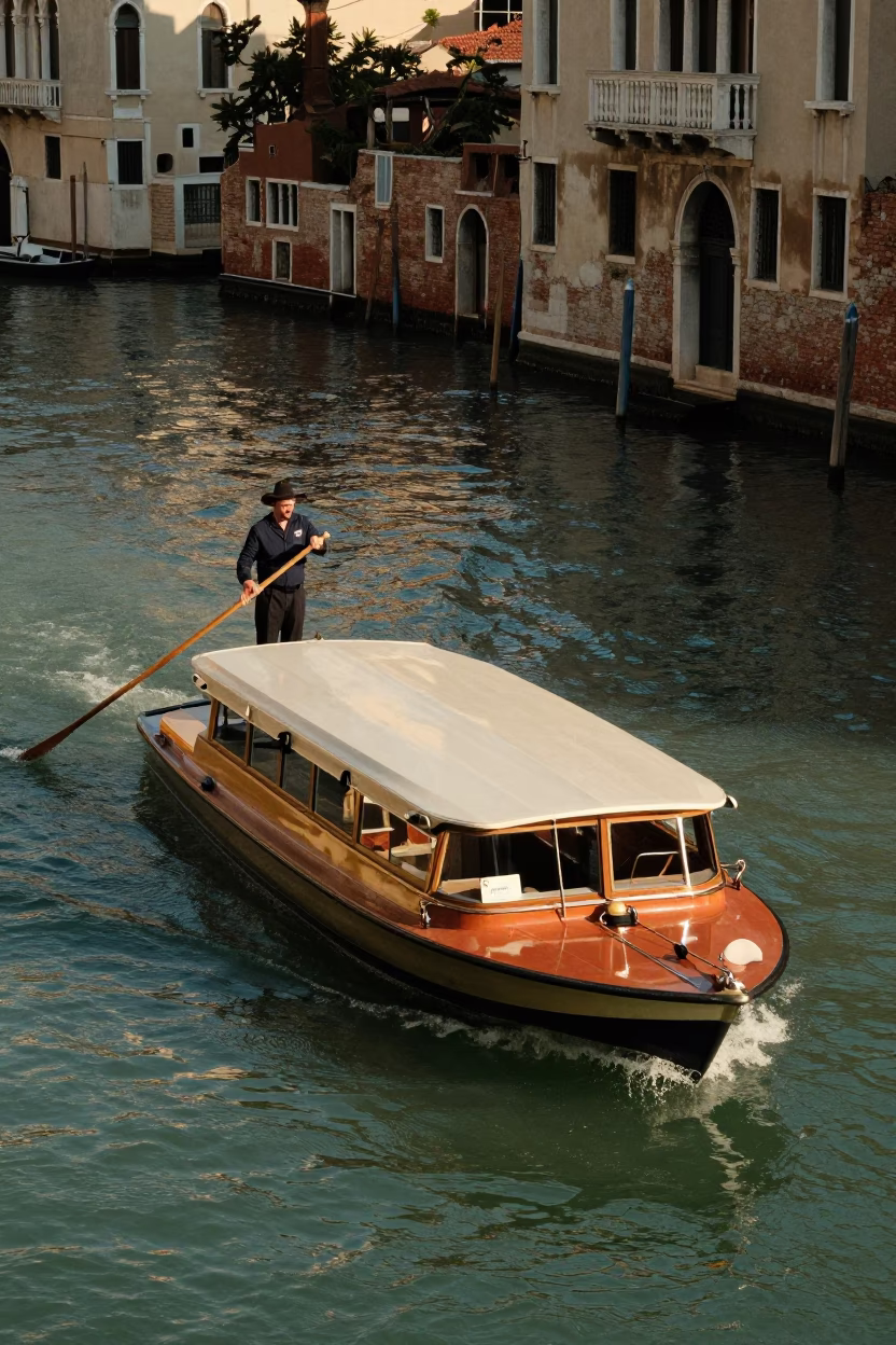 Late Afternoon Venetian Water Taxi Guide Poling Past Historic College Gardens in in Venice, Italy