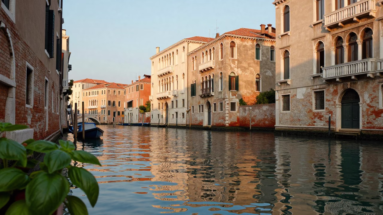Late Afternoon Venice Canal Scene with Basil Leaves and Umbrella Stand in in Venice, Italy