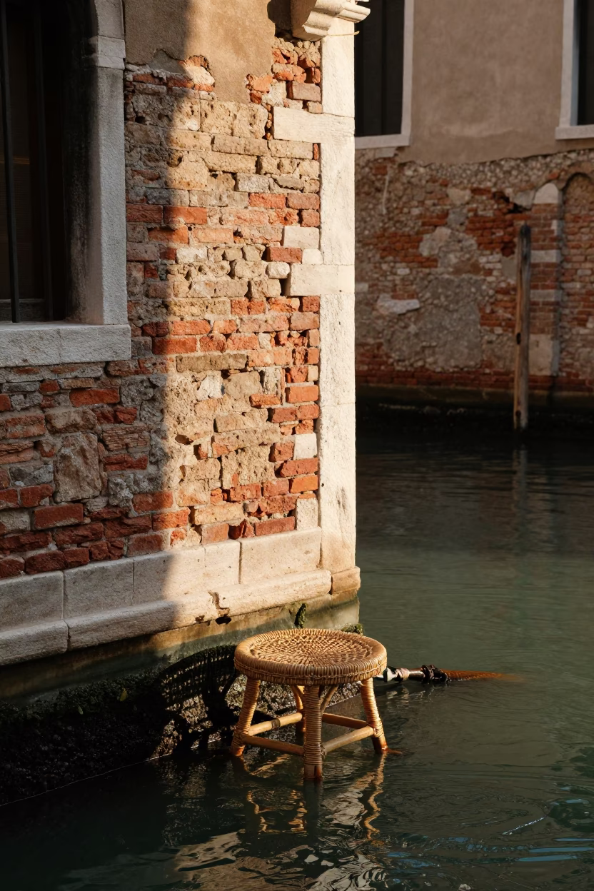 Late Afternoon Venice Canal Scene with Rattan Stool and Weathered Brickwork in in Venice, Italy