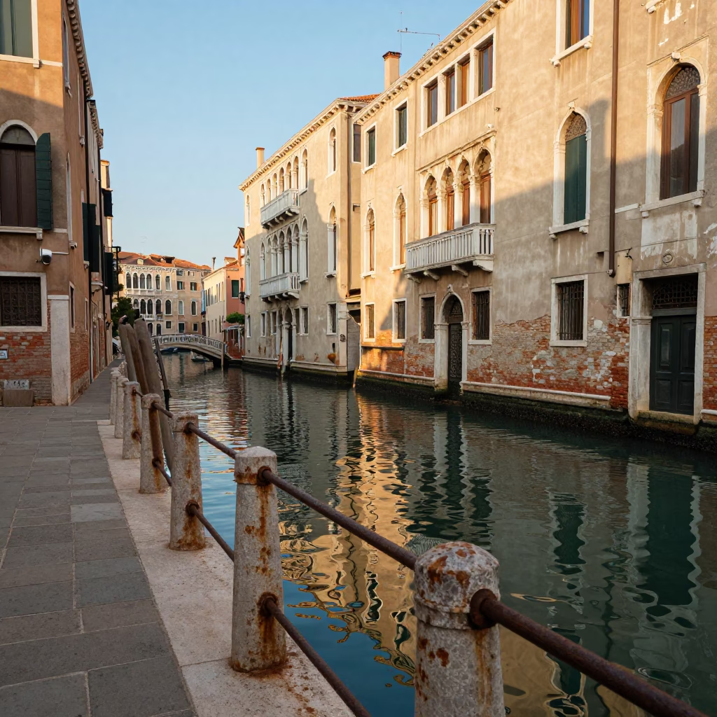 Late Afternoon Venice Canal Scene with Weathered Rust Railings and Historic Architecture in in Venice, Italy