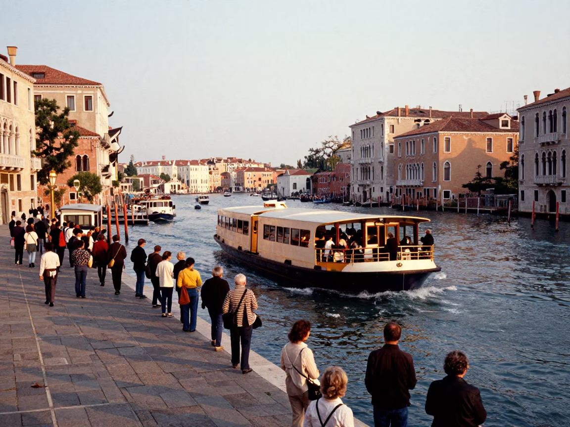 Late Afternoon Venice Italy Street Scene with Crowded River Ferry Crossing and Local Life in in Venice, Italy