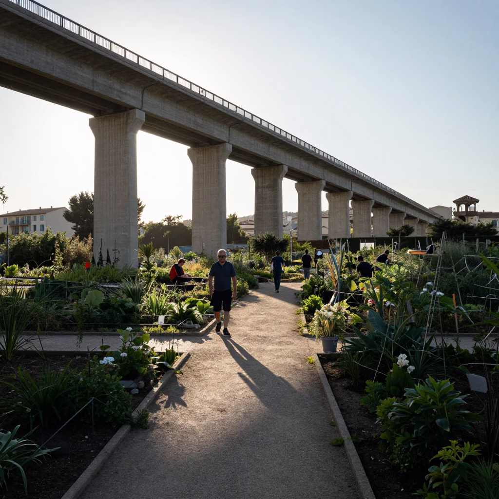Late Afternoon Viaduct Shadow Cutting Across Marseille Allotment Gardens with Wicker Basket in in Marseille, France