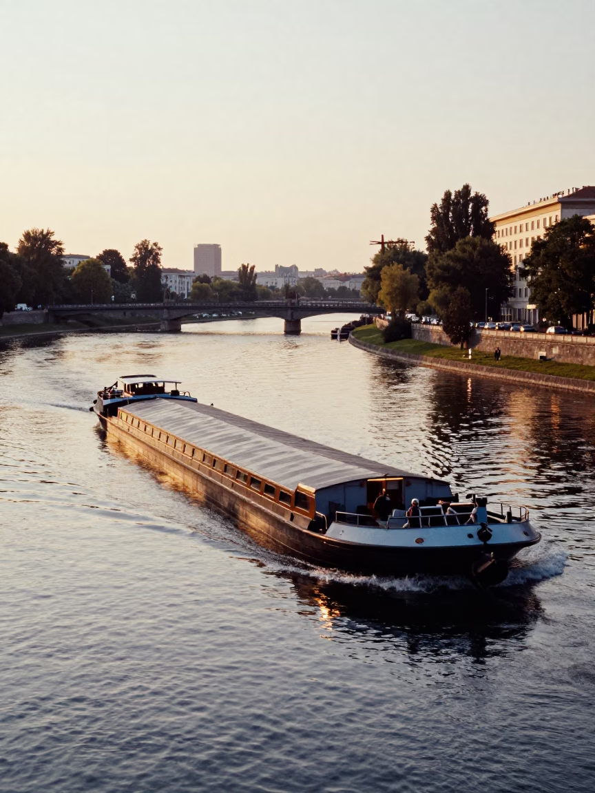Late Afternoon Vienna Canal Scene with Cargo Barge and Urban Infrastructure in in Vienna, Austria