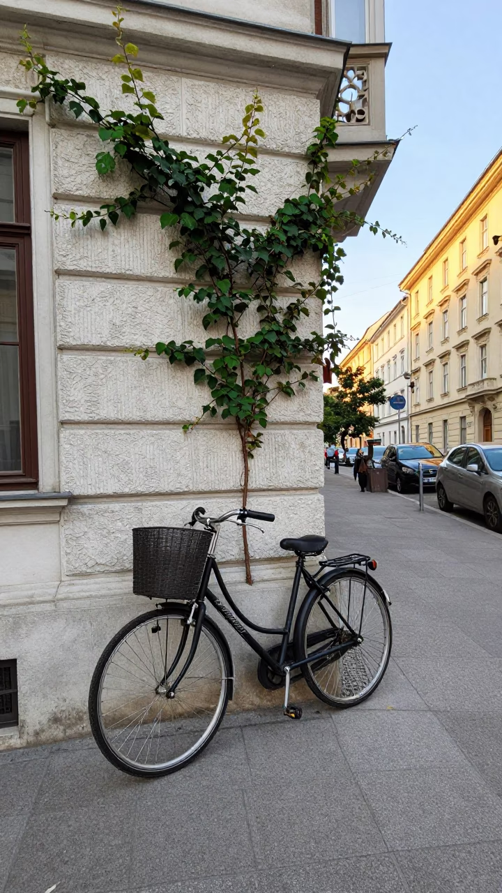 Late Afternoon Vienna Street Scene with Bicycle Basket and Clematis Vine Covering Stone Wall in in Vienna, Austria