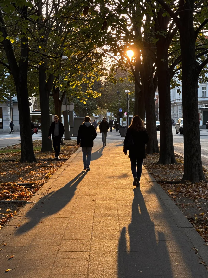 Late Afternoon Vienna Street Scene with Fallen Petals and Local Life in in Vienna, Austria