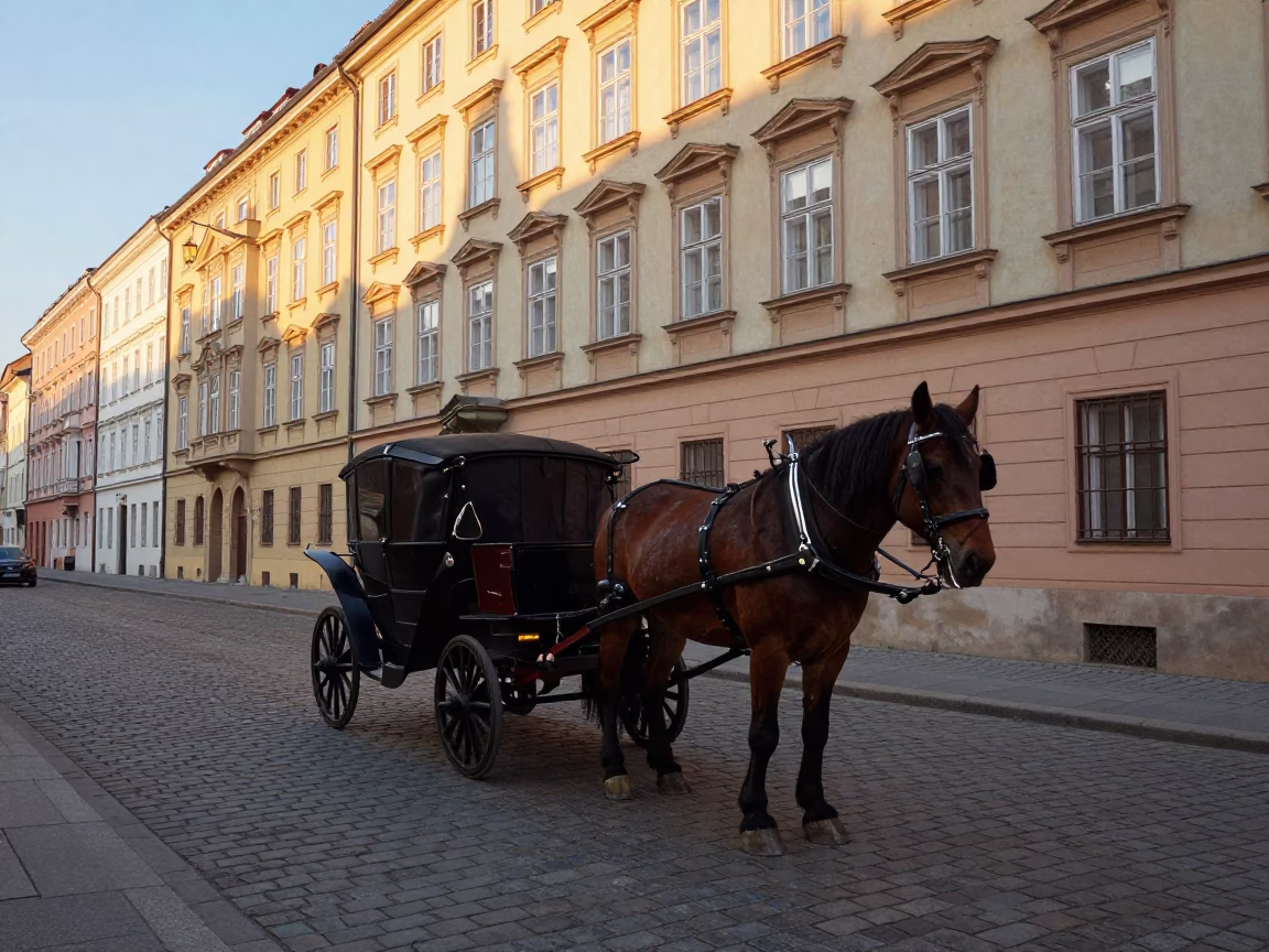 Late Afternoon Vienna Street Scene with Horse-Drawn Cart on Cobblestone Near Historic Architecture in in Vienna, Austria
