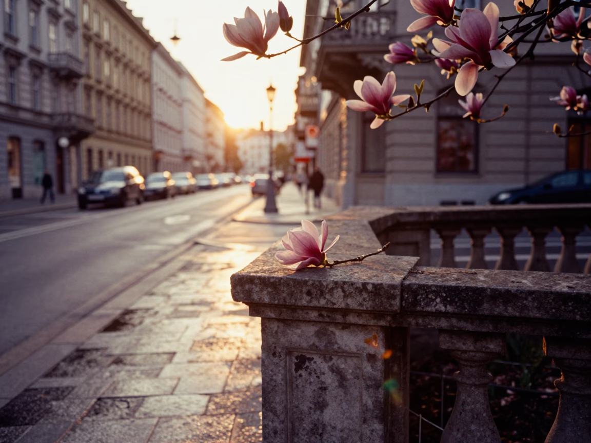 Late Afternoon Vienna Street Scene with Magnolia Bloom and Historic Architecture in in Vienna, Austria