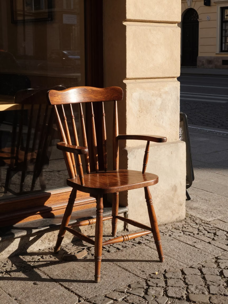 Late Afternoon Vienna Street Scene with Spindle Chair and Linen Fringe Detail in in Vienna, Austria