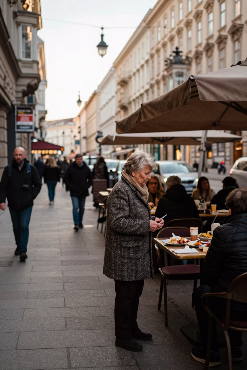 Late Afternoon Vienna Street Scene with Traditional Food and Vintage Atmosphere in in Vienna, Austria