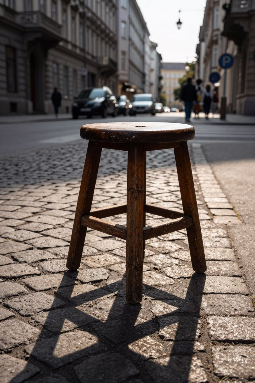 Late Afternoon Vienna Street Scene with Wicker Shadow on Stool and Enamel Pitcher in in Vienna, Austria