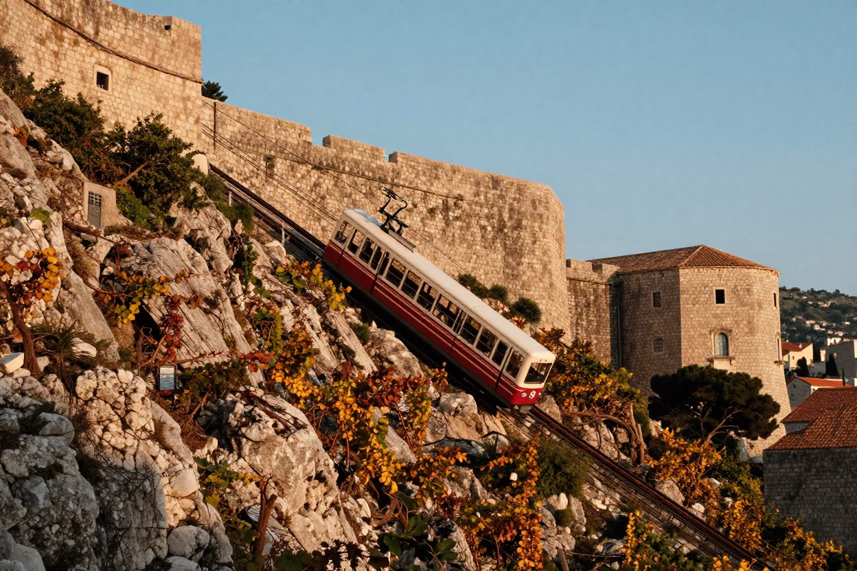 Late Afternoon View of Dubrovnik Funicular Ascending Hillside Vines in in Dubrovnik, Croatia
