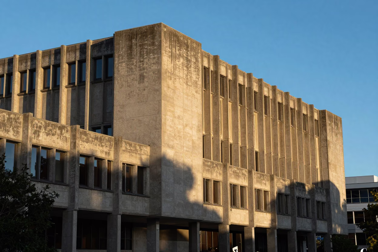 Late Afternoon View of Hobart Tasmania Australia with Brutalist University Architecture and Clear Sky in in Hobart, Tasmania, Australia