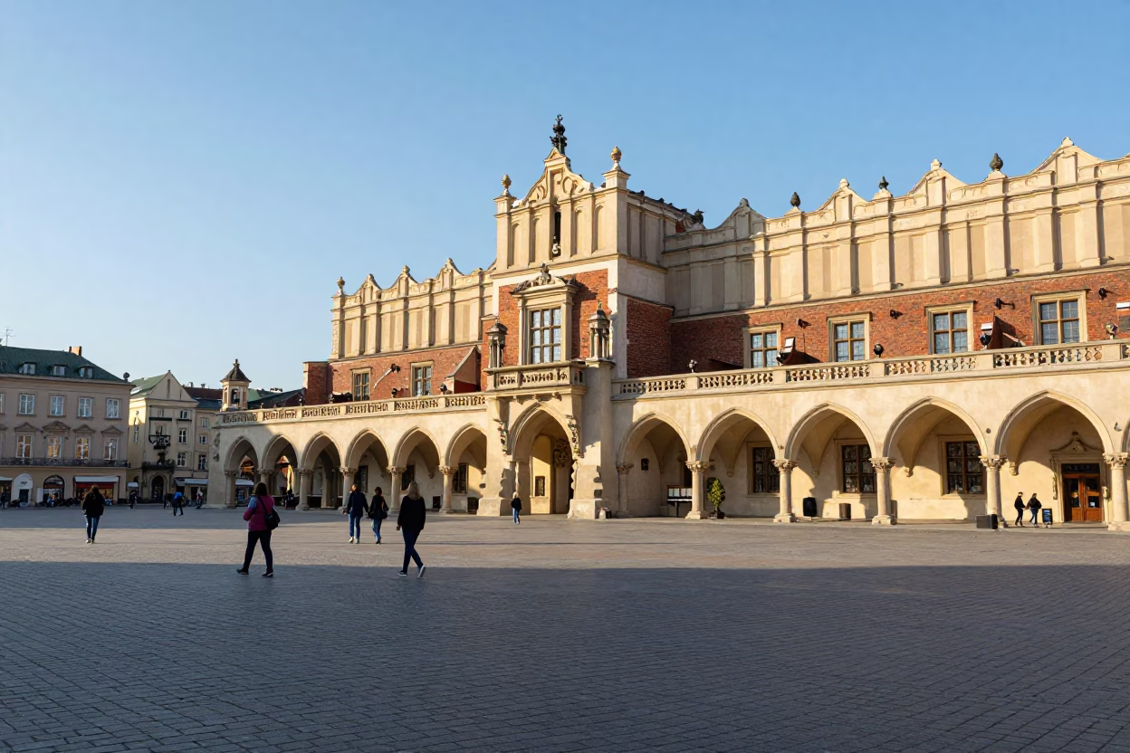 Late Afternoon View of Krakow Main Market Square with Historical Architecture and Street Activity in in Krakow, Poland