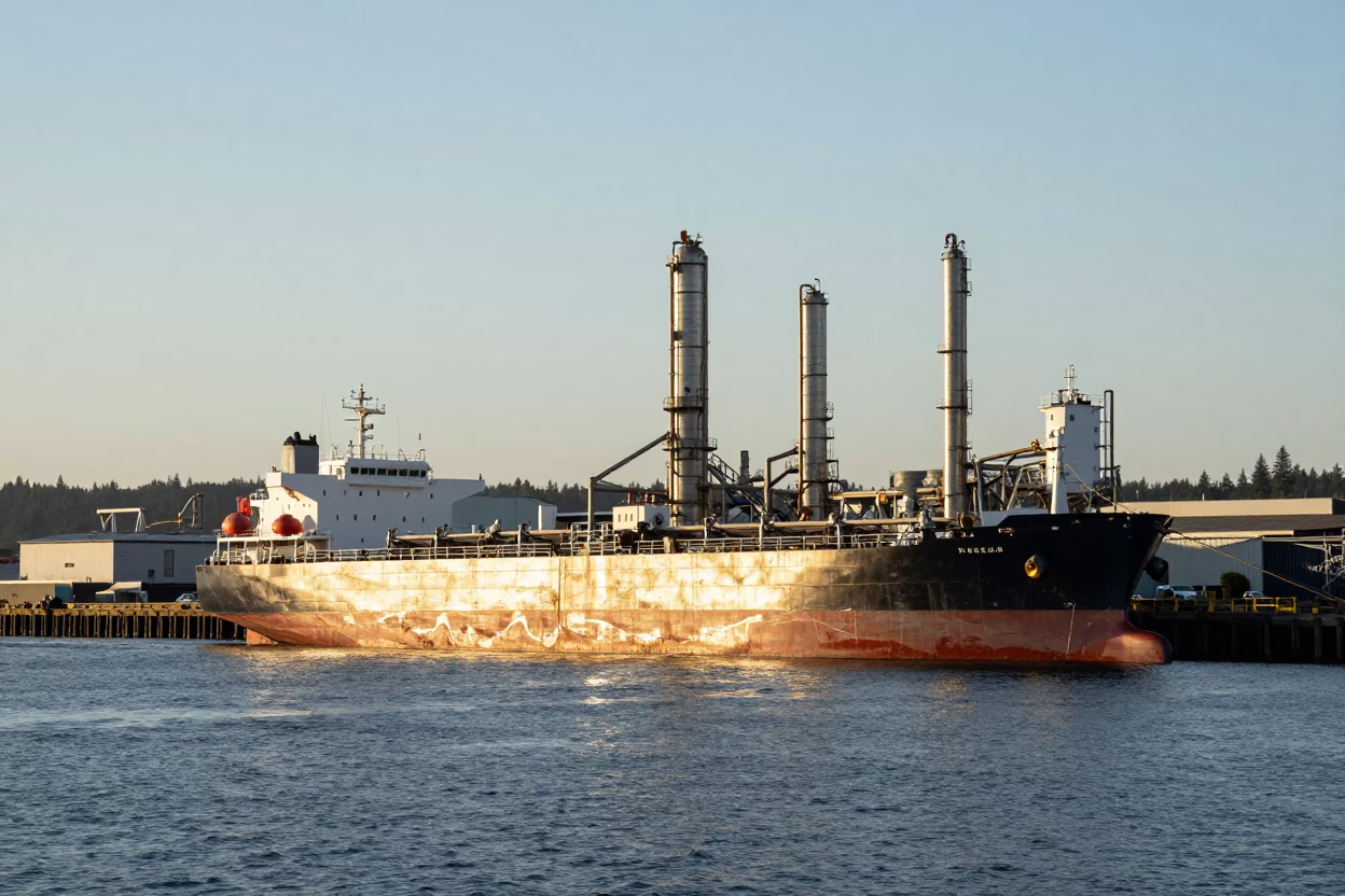 Late Afternoon View of Portland Oregon Industrial Waterfront with Tanker Ship at Refinery Dock in in Portland, Oregon, United States