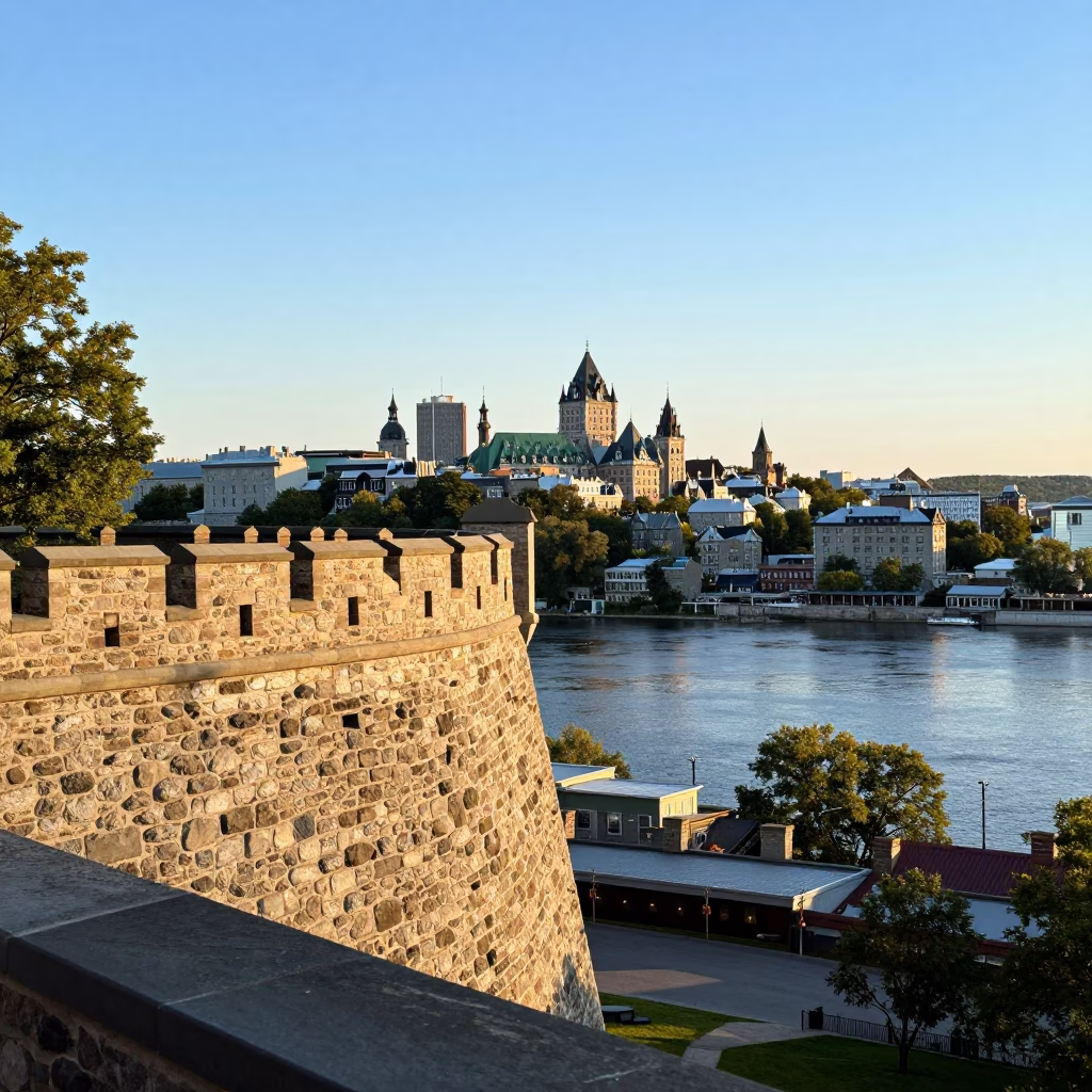 Late Afternoon View of Quebec City Historic District and St Lawrence River in in Quebec City, Quebec, Canada