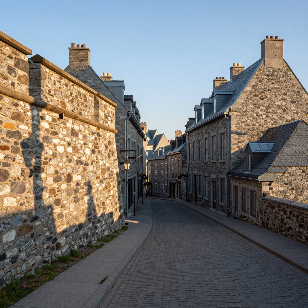 Late Afternoon View of Quebec City Stone Walls and Historic Architecture in in Quebec City, Quebec, Canada