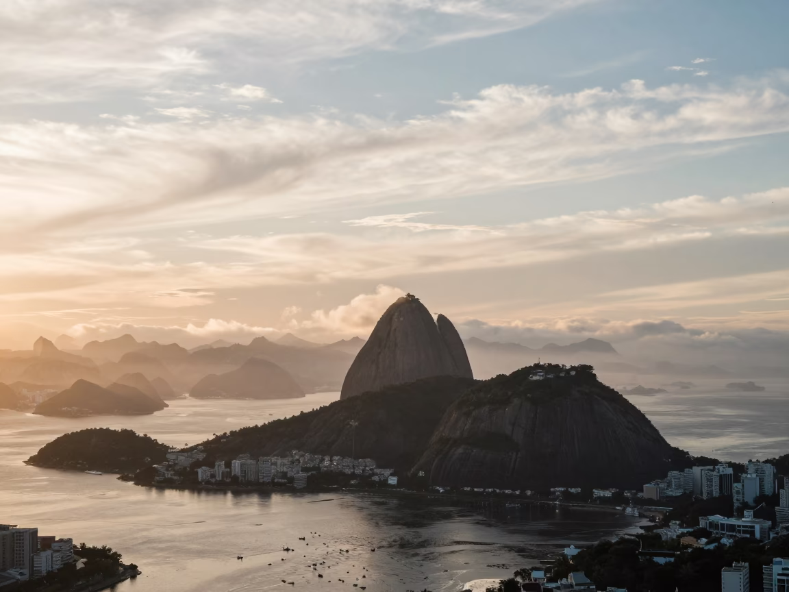 Late Afternoon View of Rio de Janeiro Sugarloaf Mountain and Guanabara Bay from Corcovado in in Rio de Janeiro, Brazil