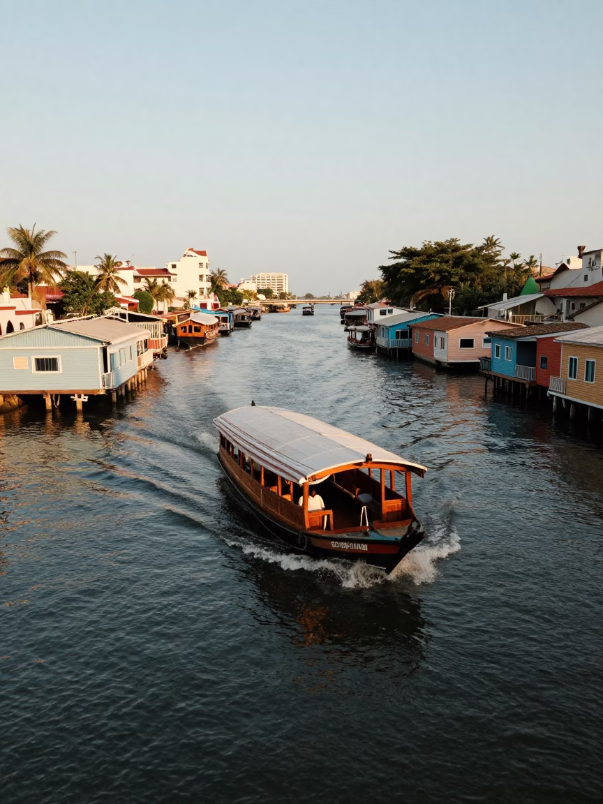 Late Afternoon Water Taxi Navigating Canal Houseboats in Cartagena Colombia in in Cartagena, Colombia