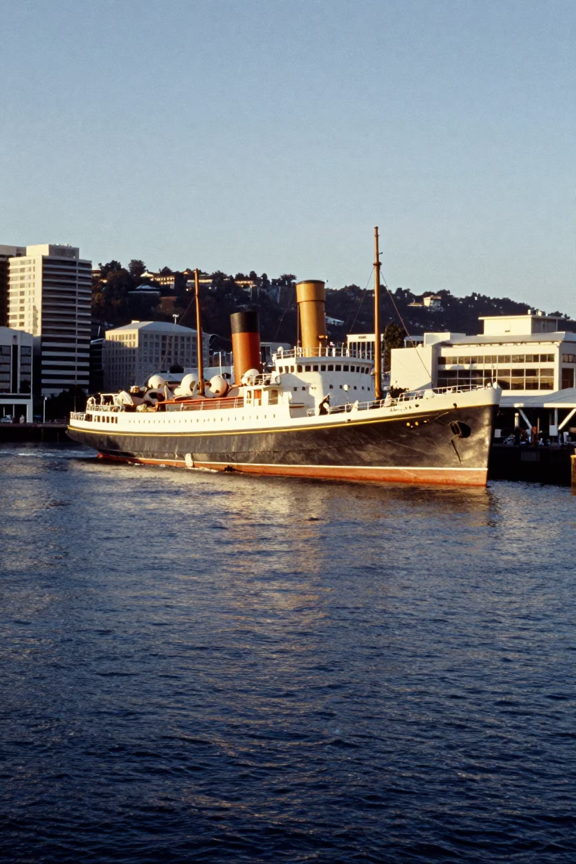 Late Afternoon Wellington Harbor Scene with Steamship and Ripples in in Wellington, New Zealand