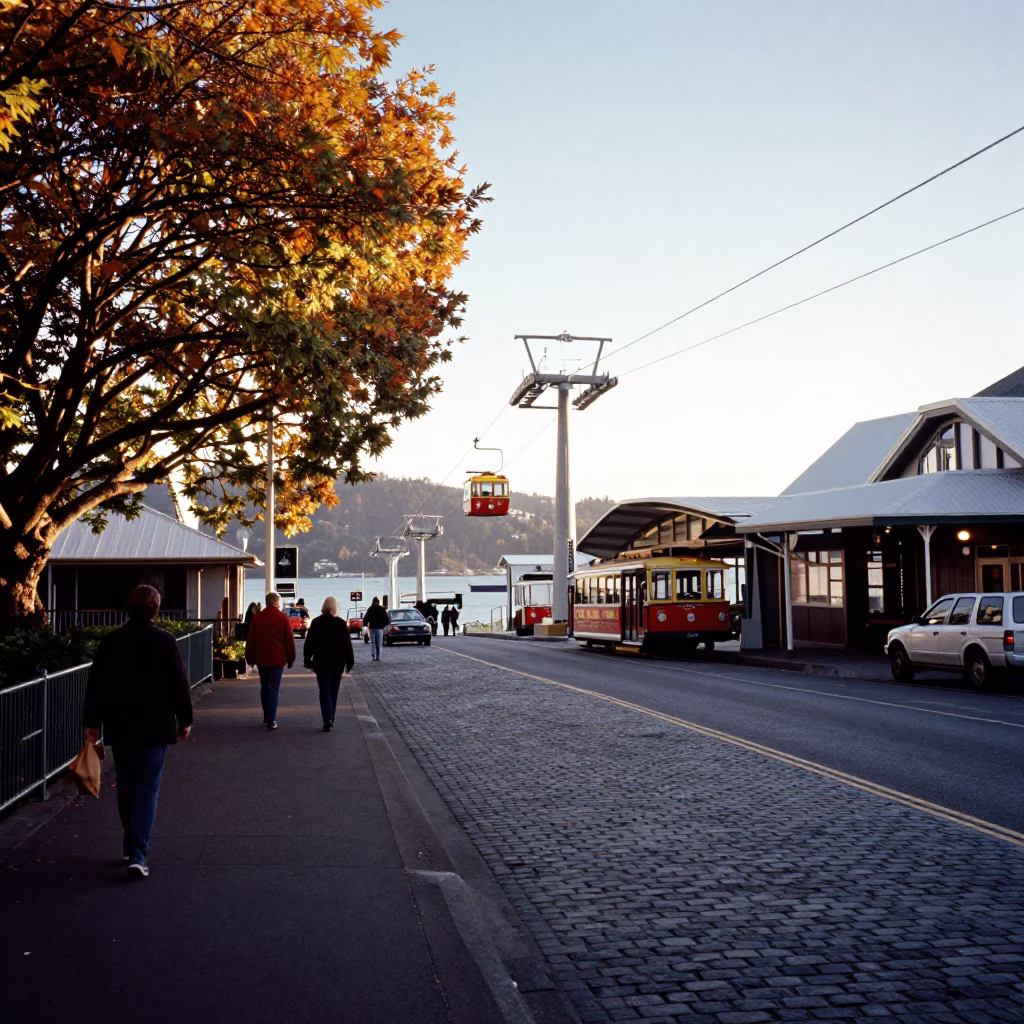 Late Afternoon Wellington Street Scene with Gondola Lift and Autumn Mist in in Wellington, New Zealand