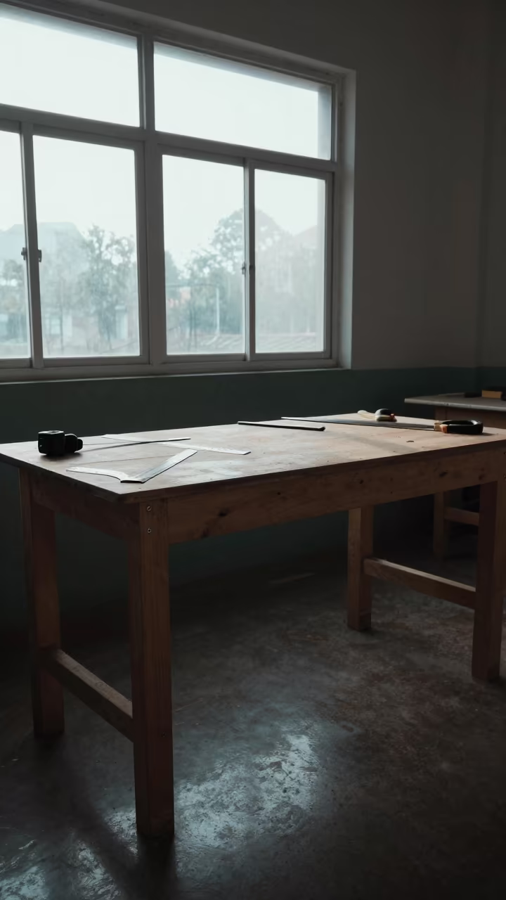 Late Afternoon Woodshop Bench with Tools in inside a quiet classroom near Haikou