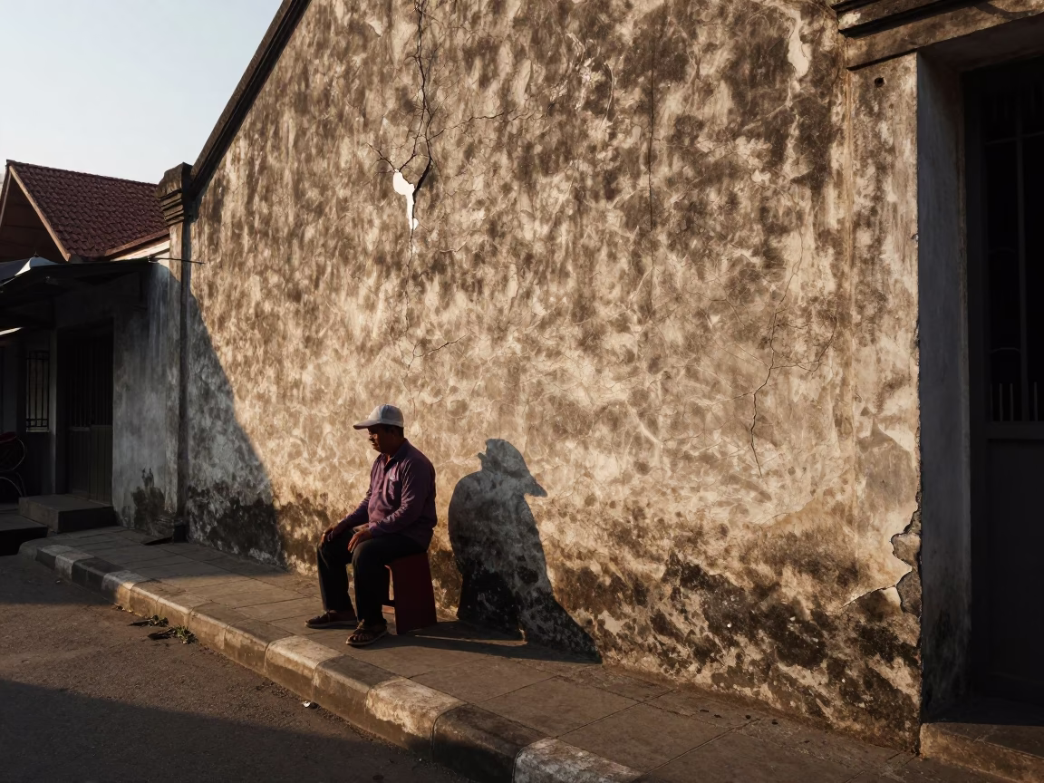 Late Afternoon Yogyakarta Street Scene with Cracked Stucco and Prayer Beads in in Yogyakarta, Indonesia