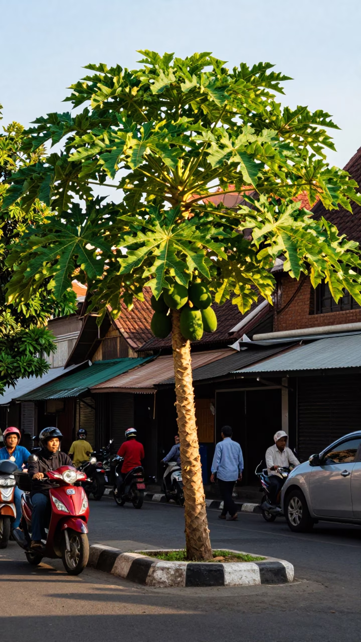 Late Afternoon Yogyakarta Street Scene with Papaya Tree and Local Market Activity in in Yogyakarta, Indonesia