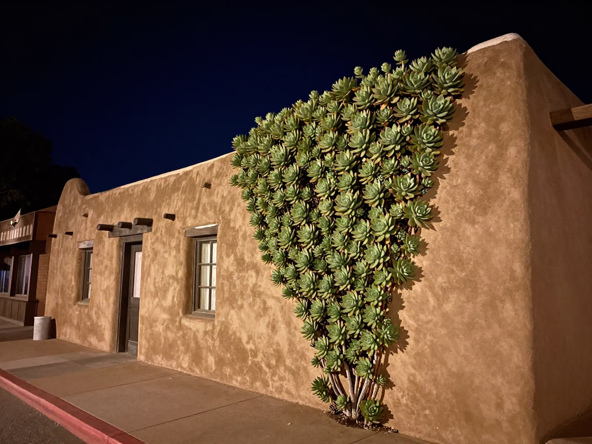 Late At Night Light on Adobe Exterior in Santa Fe in in Santa Fe, New Mexico, United States