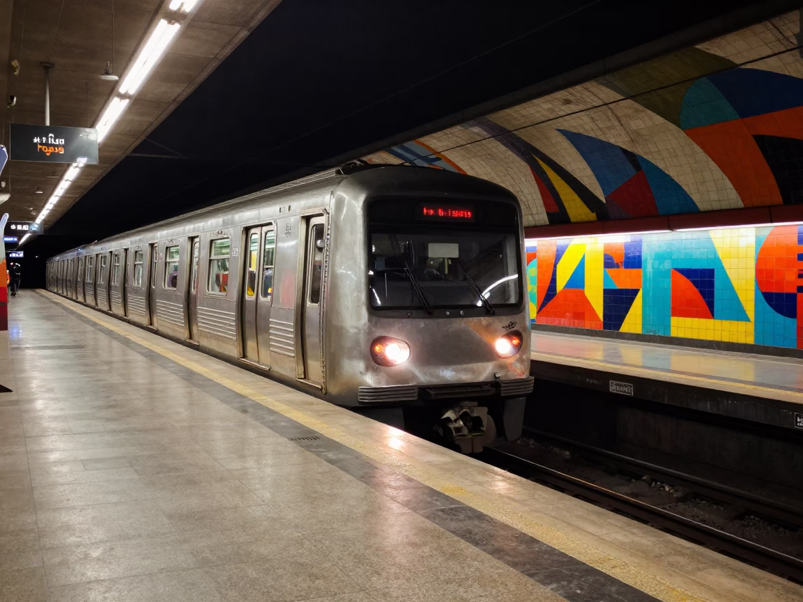 Late At Night Light on Art-Adorned Station in São Paulo in in São Paulo, Brazil