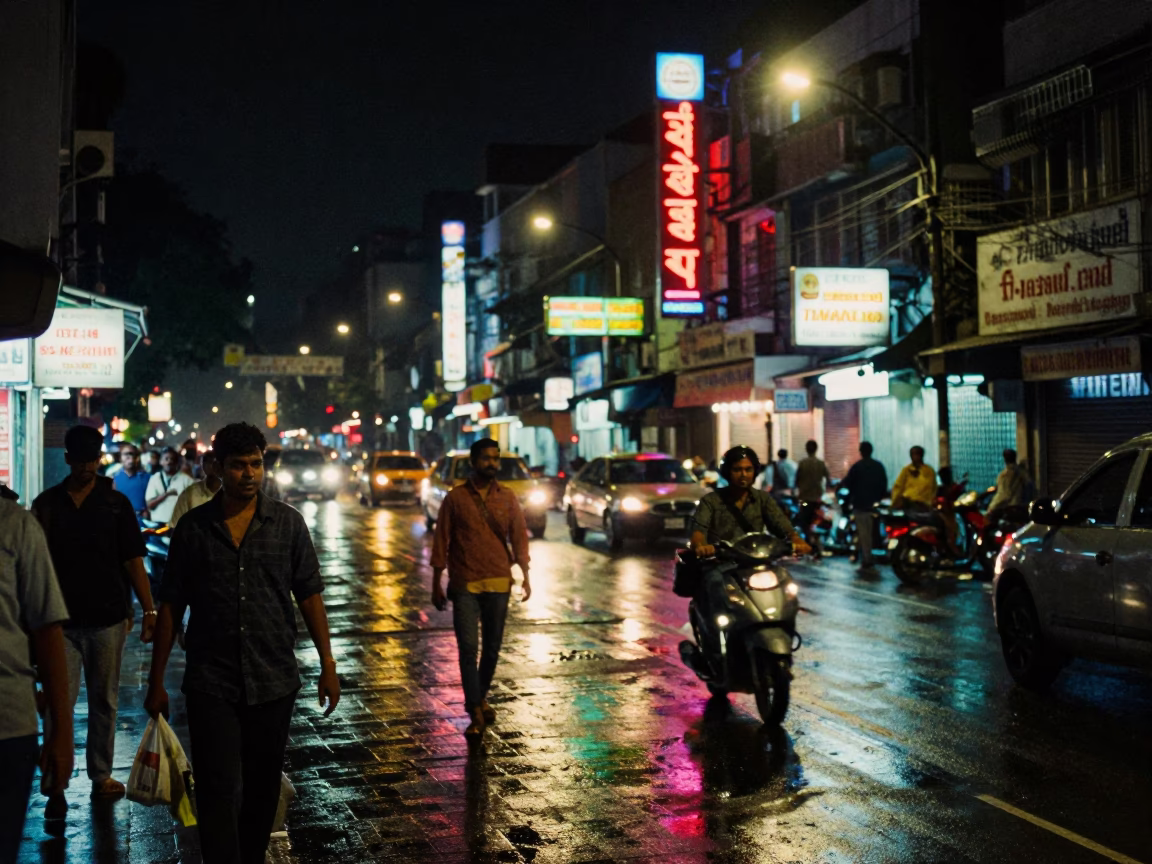 Late At Night Light on Busy Street in Hyderabad in in Hyderabad, India
