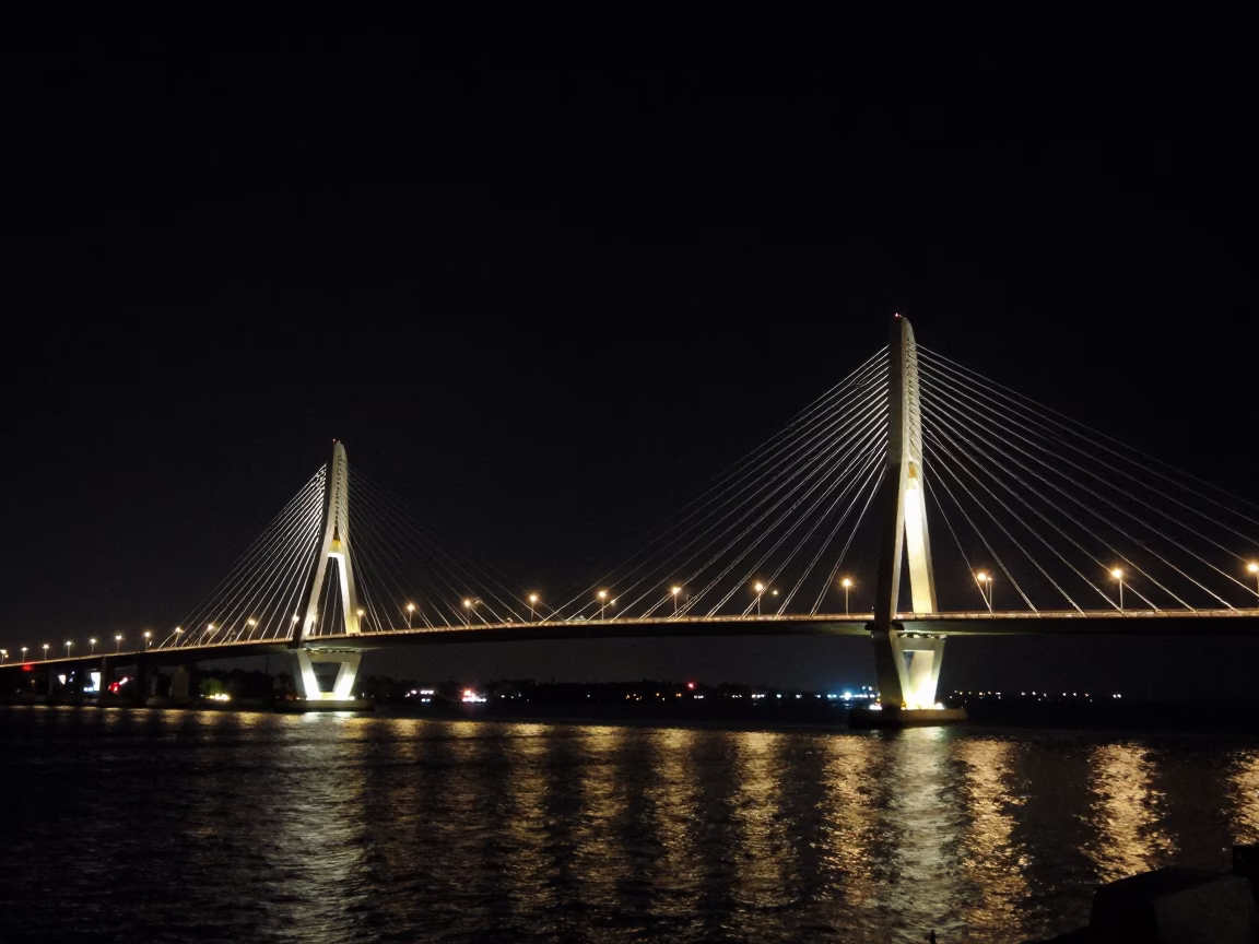Late At Night Light on Cable Stayed Bridge Illuminated in Kochi in in Kochi, India