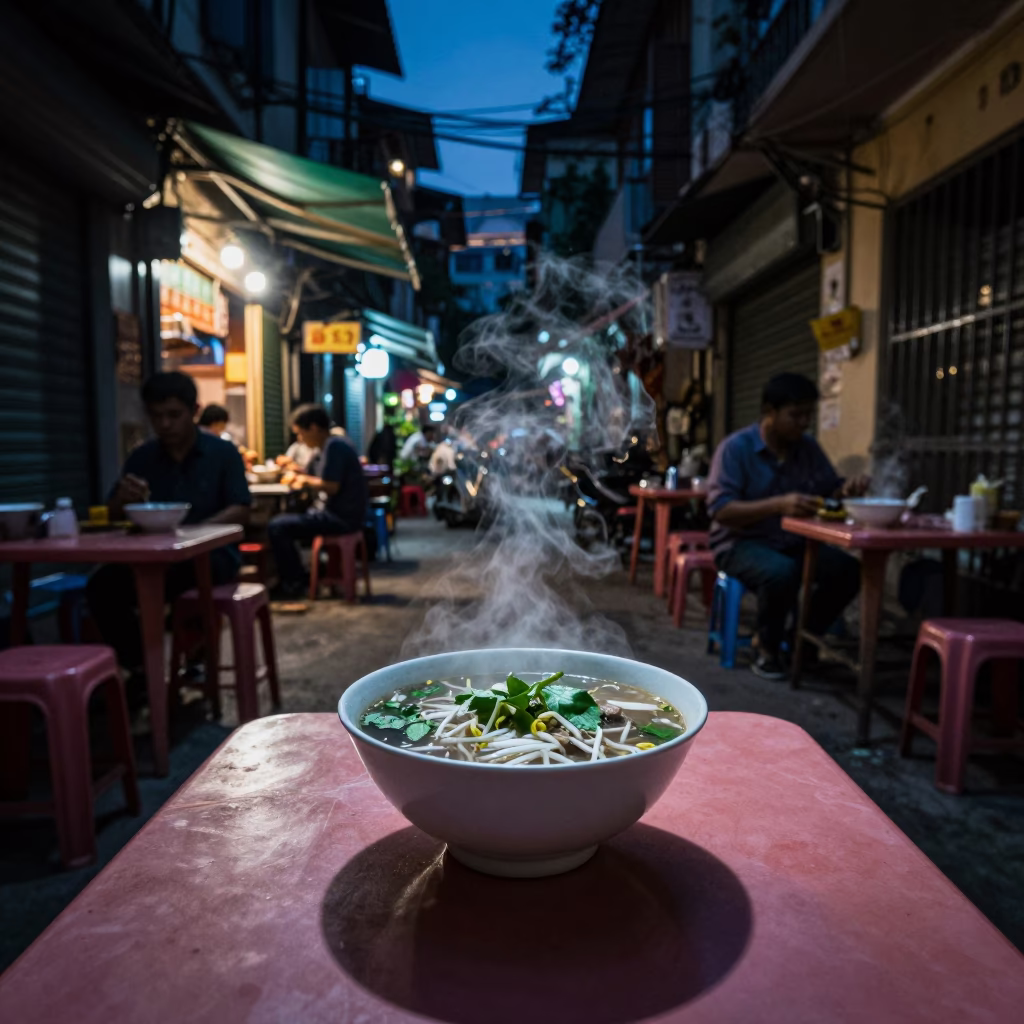 Late At Night Light on Food Scene in Hanoi in in Hanoi, Vietnam