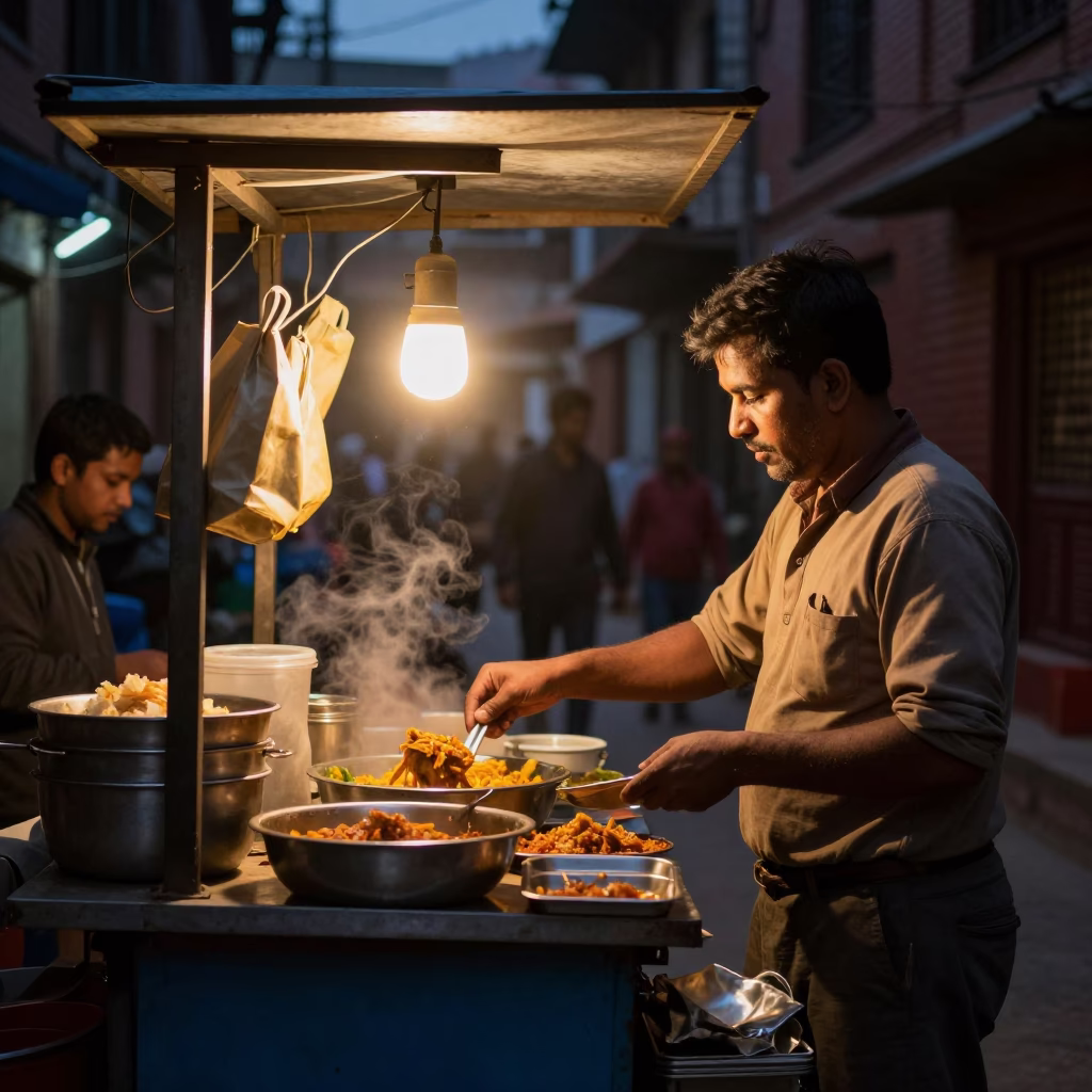 Late At Night Light on Food Stall in Kathmandu in in Kathmandu, Nepal
