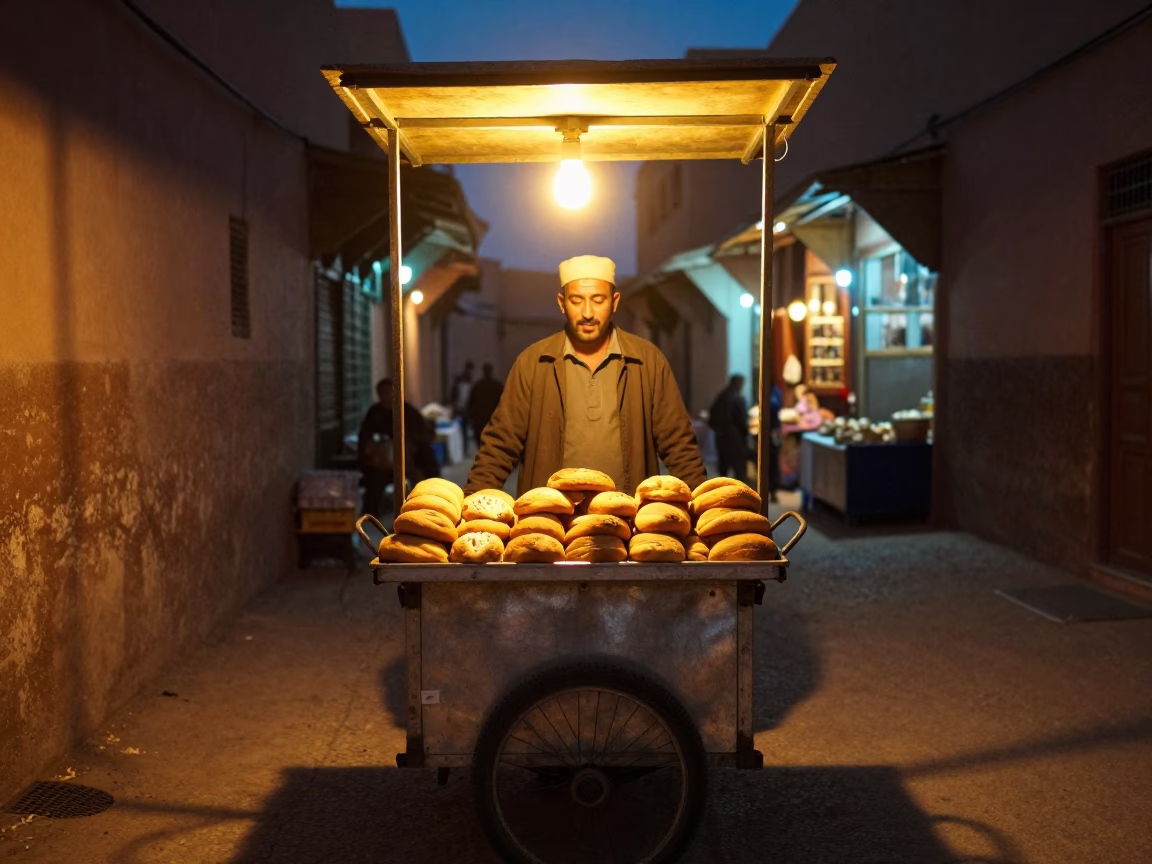 Late At Night Light on Fresh Bread in Marrakech in in Marrakech, Morocco