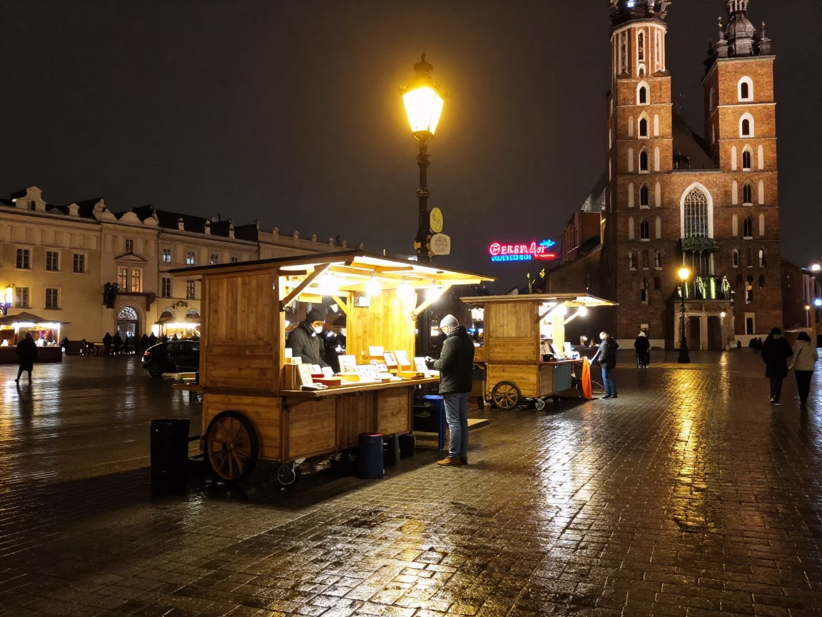 Late At Night Light on Market Stall in Krakow in in Krakow, Poland