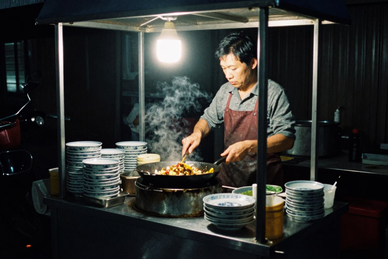 Late At Night Light on Porcelain Dishes in Tainan in in Tainan, Taiwan