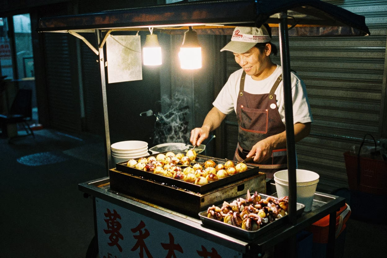 Late At Night Light on Serving Takoyaki in Kaohsiung in in Kaohsiung, Taiwan